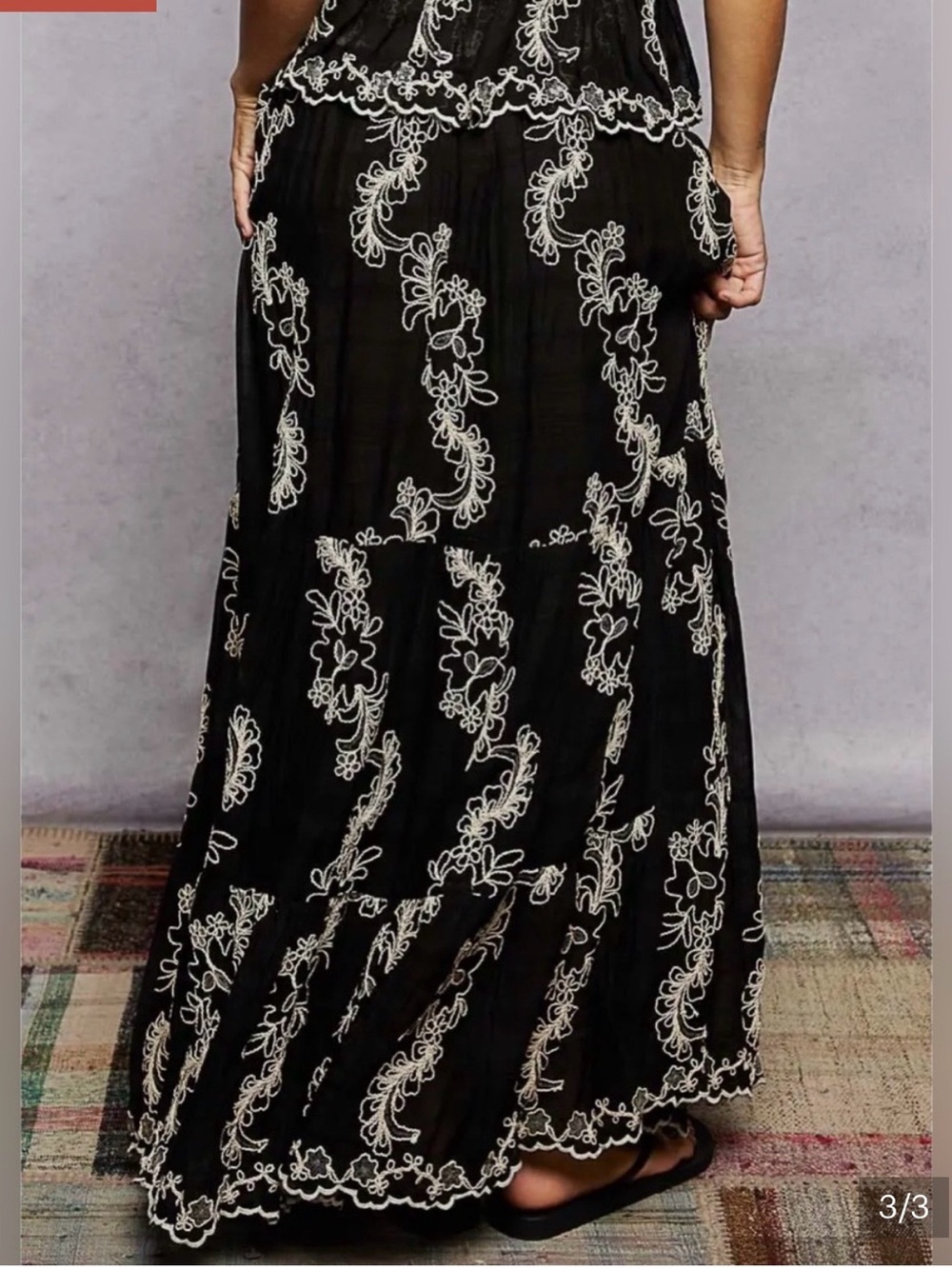 POL Black Maxi Skirt with Cream Floral Embroidery